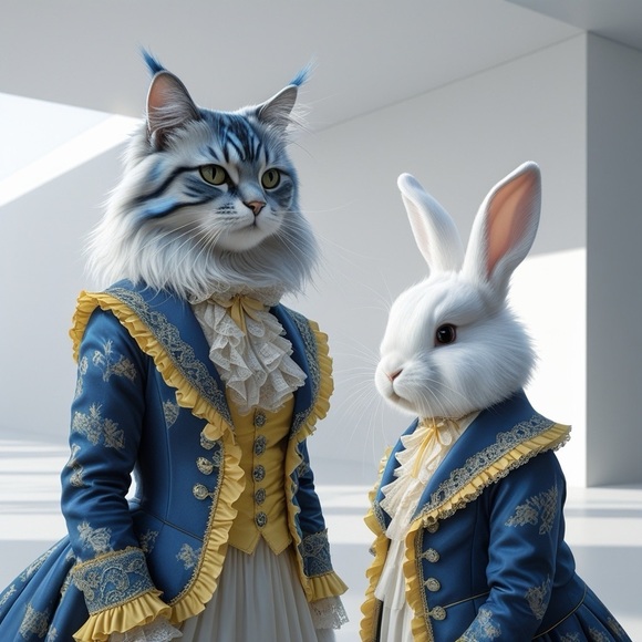 HANDCRAFTED digital Royal Pet print Elegant Blue & Gold Victorian Style Dress - Picture 1 of 9